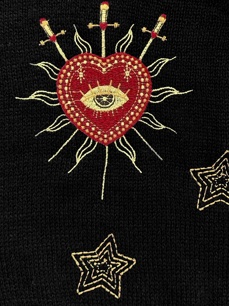 Women's V-Neck Button-Up Knit Cardigan Knitwear, Cropped Loose Fit Long Sleeve with Love Sun Star Embroidery, Ribbed Detail for Fall Winter