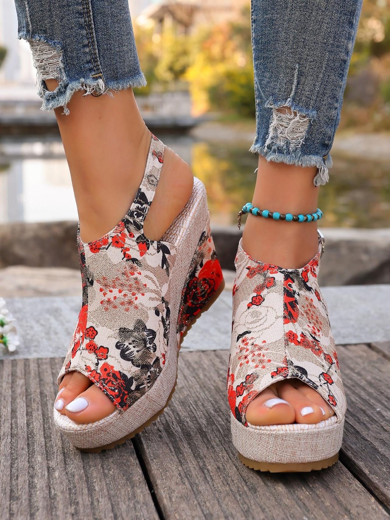 Women's Chinese Style Plum Blossom Printed Wedge Sandals, Summer Retro Platform Elevated Buckle Open-Toe Vacation Roman Shoes