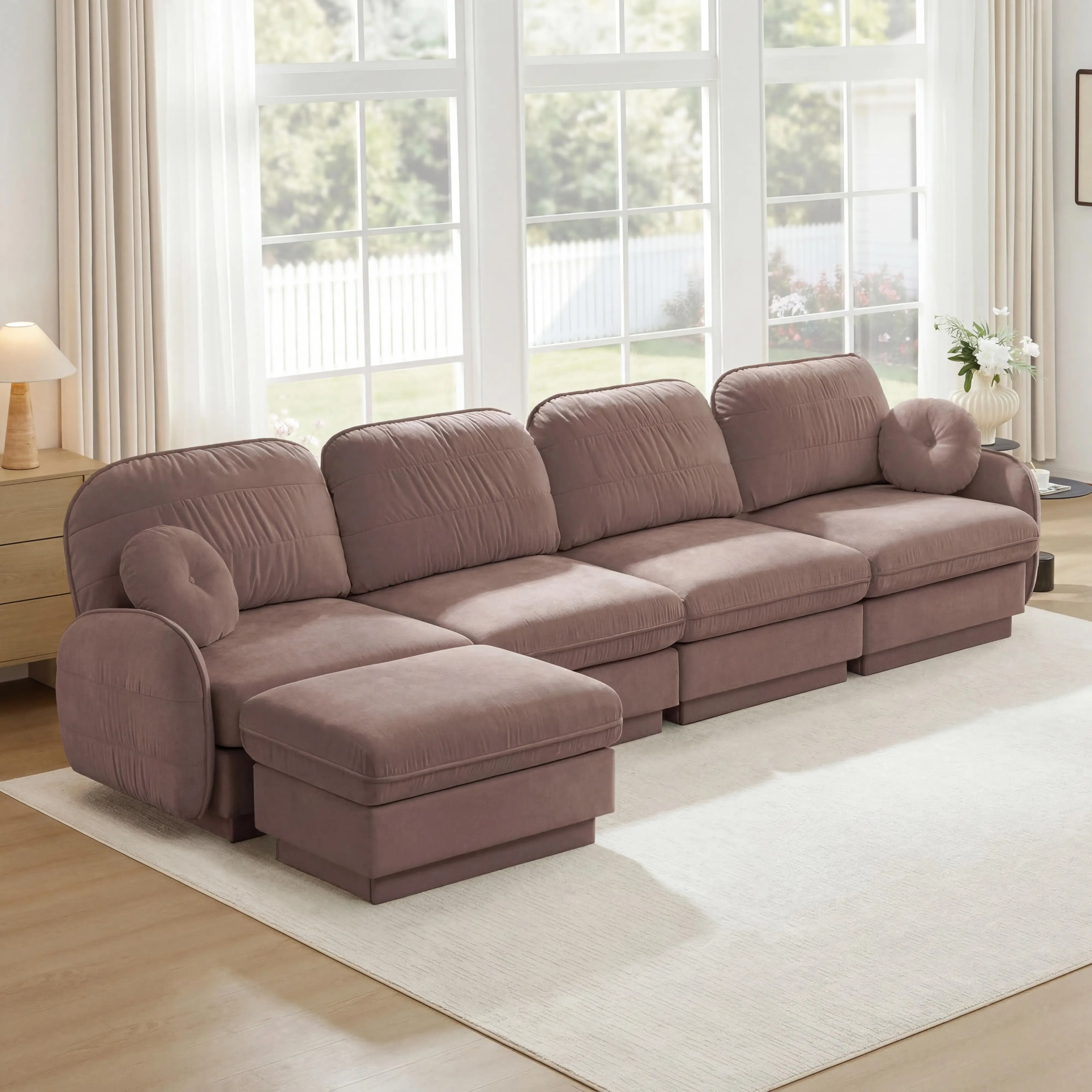 137" Oversize Chenille L-Shaped Sofa with Movable Ottoman, Deep Seat Sectional Couch with Round Pillows and Quilted Back Cushions, Rose Dust, for Living Room