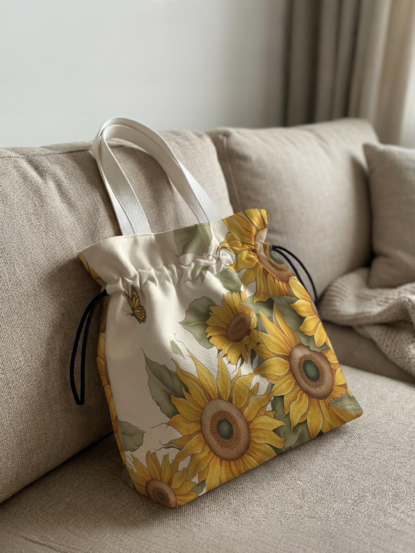 Sunflower Pattern Drawstring Tote Bag, Reusable Tote, Large Capacity Shopping Bag, Durable and Wear-Resistant, Casual Style for Work, Shopping, Picnic