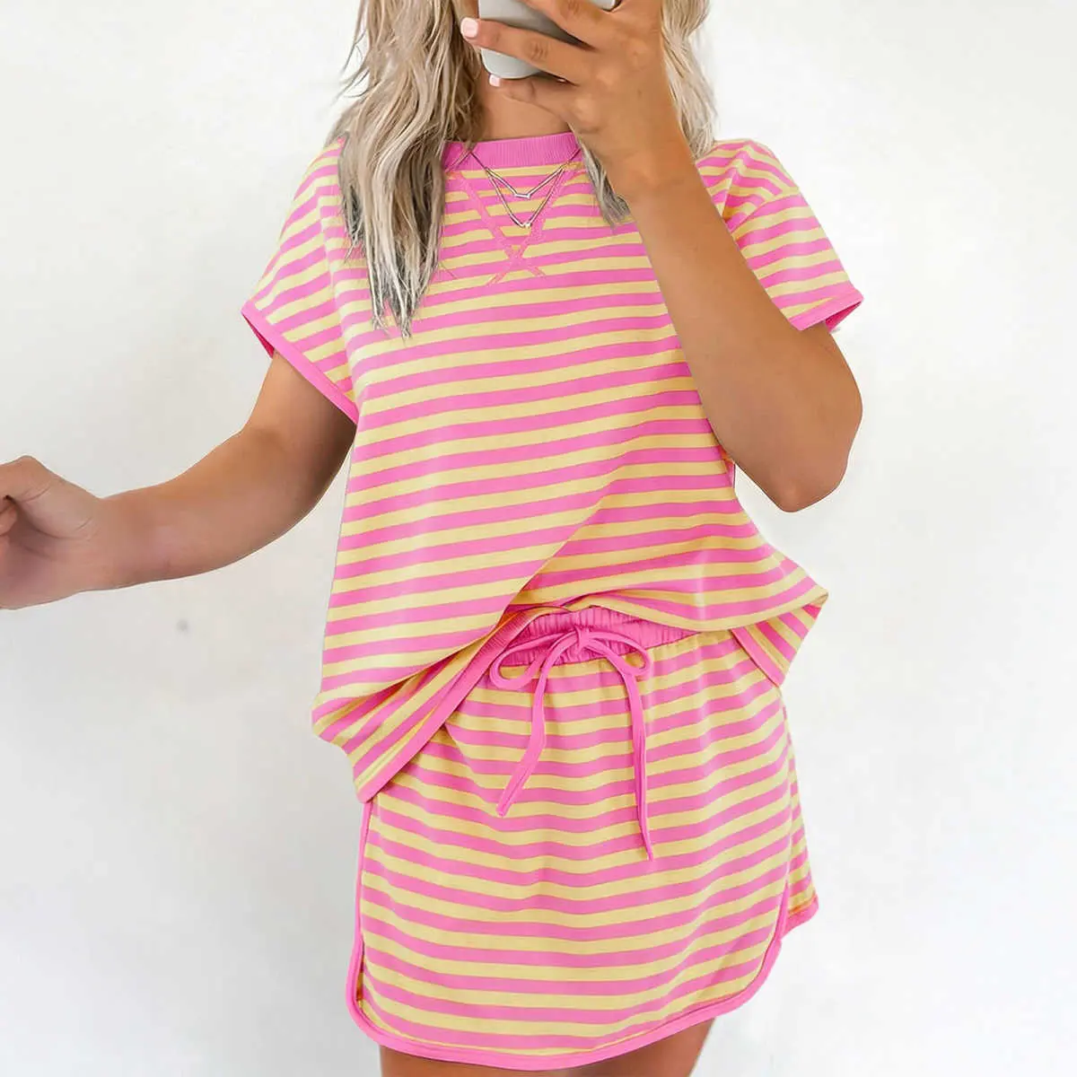 Pink Stripe Loose Short Sleeve Top and Skirt Set