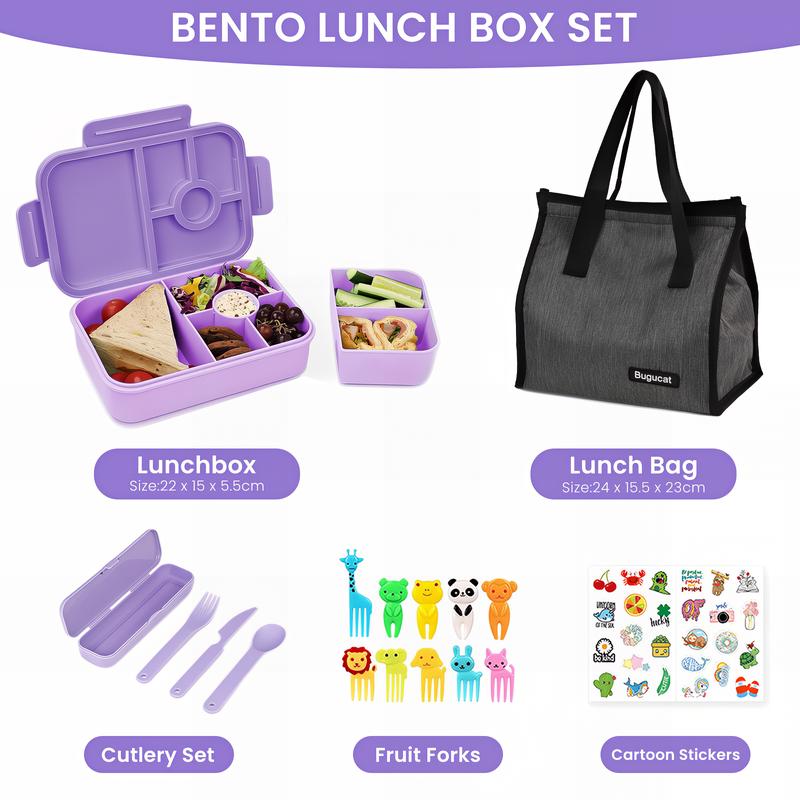 Bugucat Leak-Proof Bento Lunch Box 1300ML with 6 Compartments, Kids & Adult Bento Box with Cutlery, Dishwasher & Microwave Safe, High-Quality PP Material, 22x15x5.5 cm, Ideal for School, Kindergarten, Office