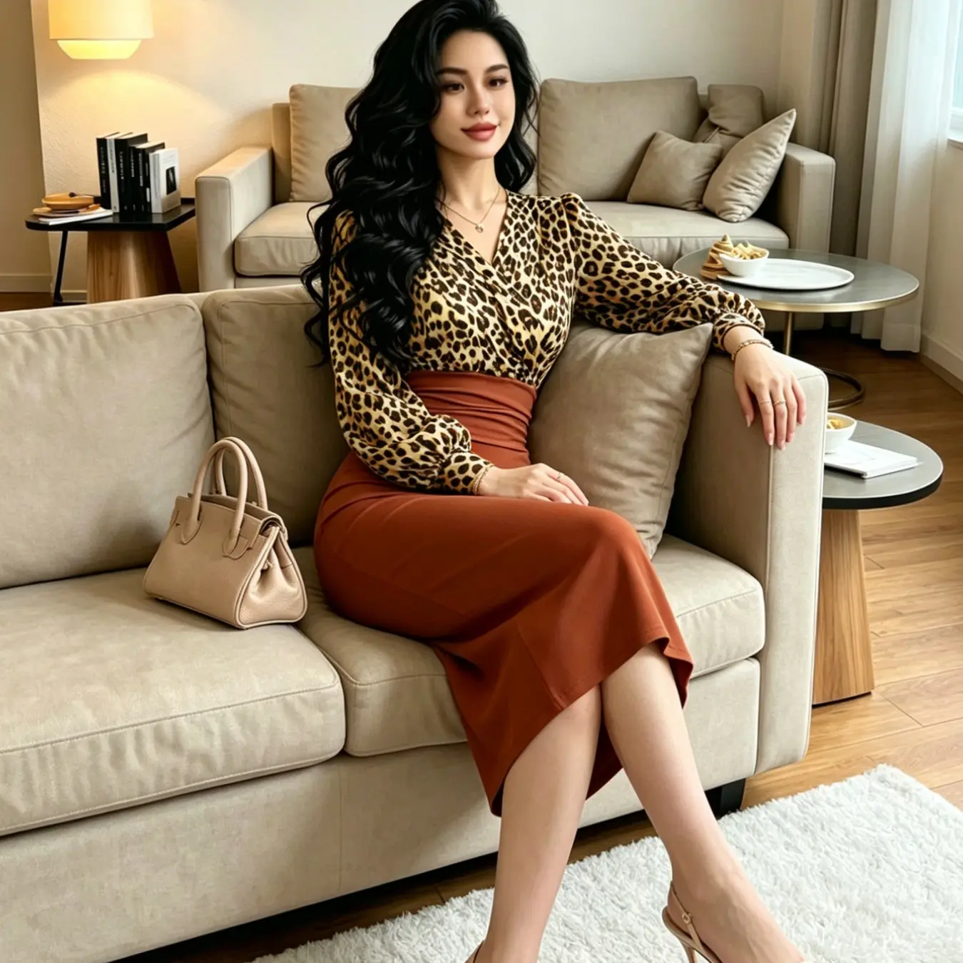 Elegant V-Neck Long Sleeve Midi Dress, Formal, Leopard Print Patchwork ...