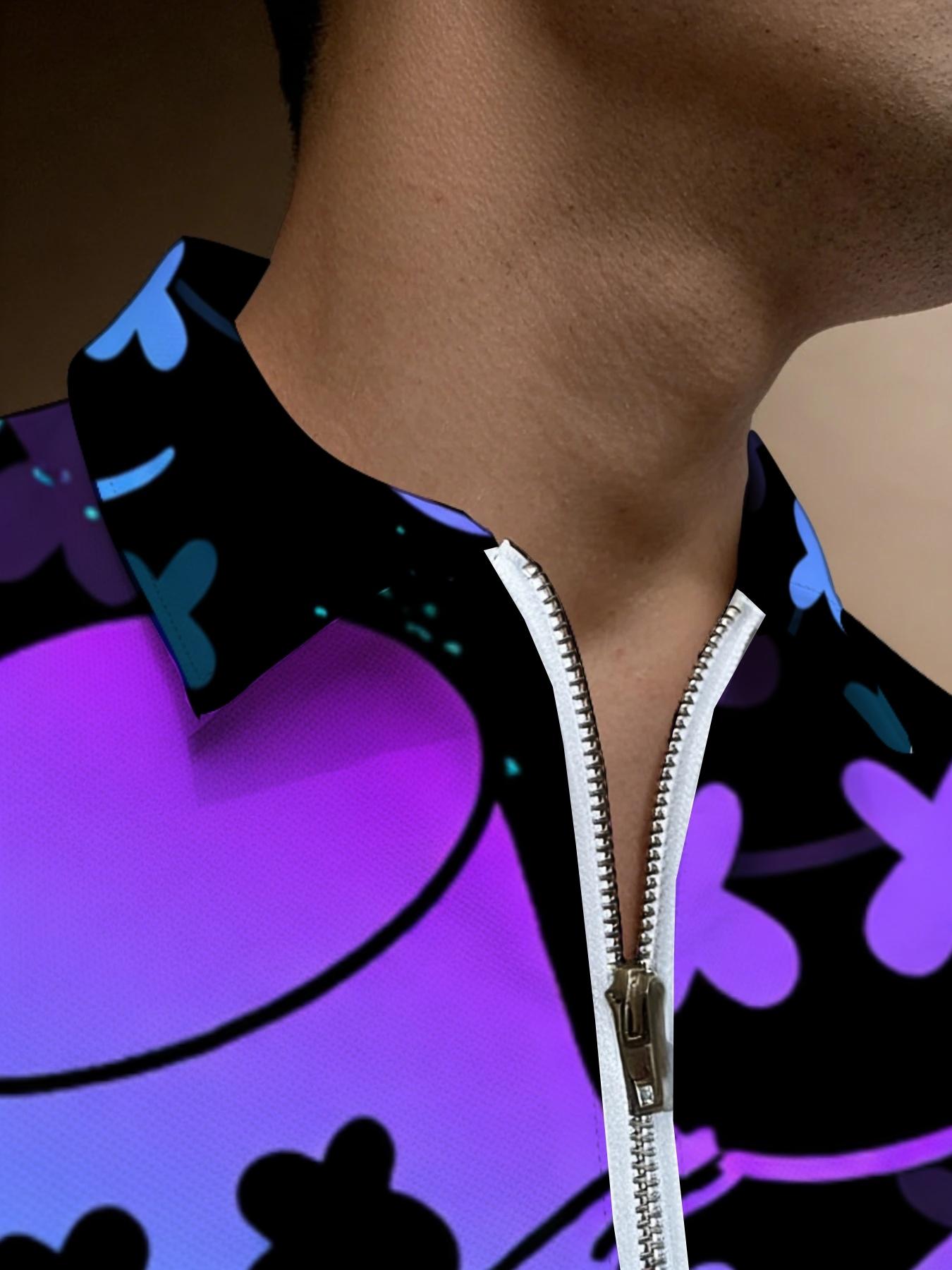 Trendy Printed Short Sleeve Polo Shirt for Men, Fashion Casual Summer Wear, Colorful Geometric Pattern Design, Front Zipper Beach Outfit Top