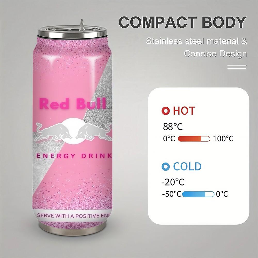 1pc 17oz Red Bull Pink Glitter Vacuum Insulated Mug, Portable Stainless Steel Cup with Lid, Ideal Sports & Coffee Mug for Family Friends, Great for Camping, Outdoor & Holiday Gifts