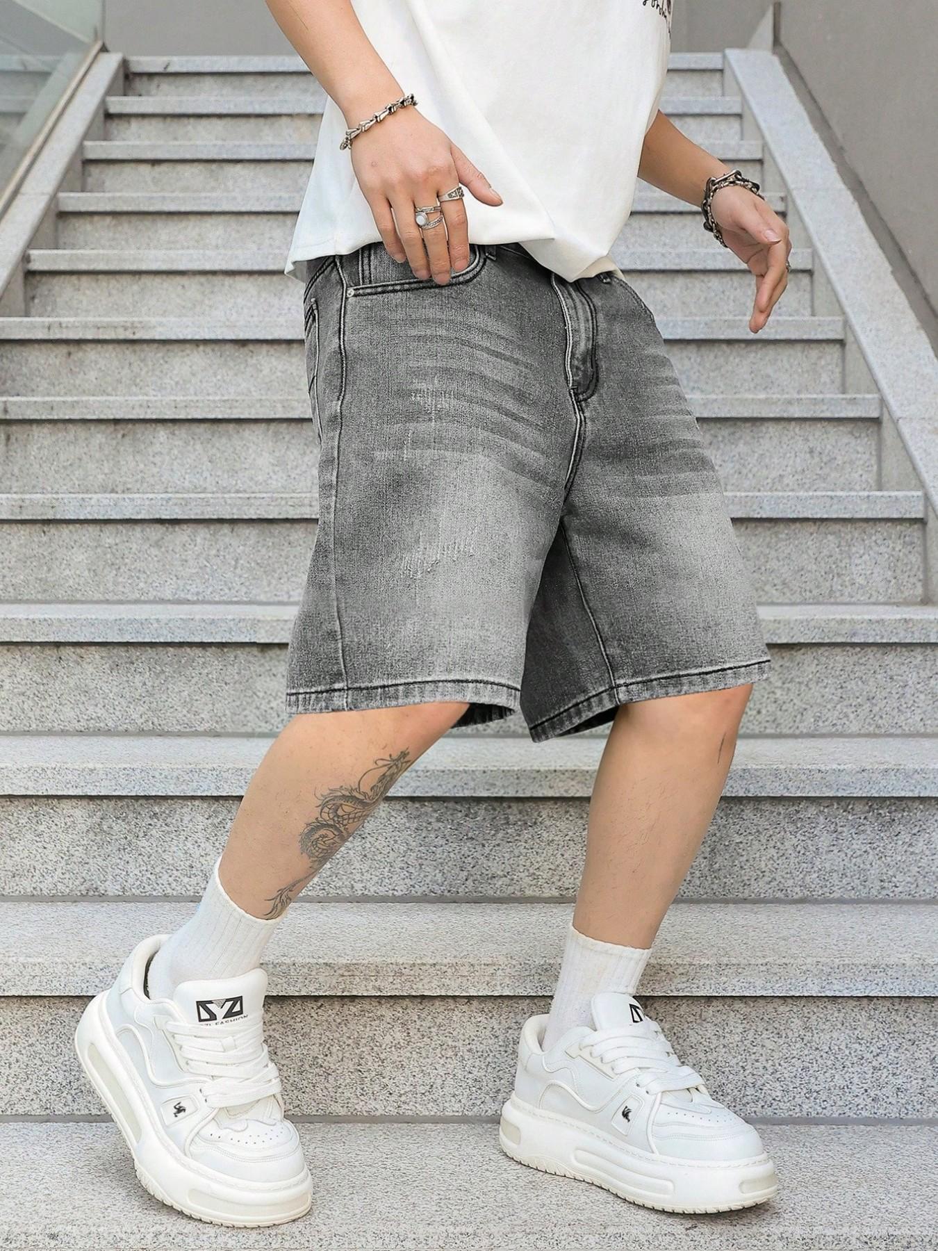 Men's Vintage Washed Classic Denim Shorts, Non-Elastic Straight Leg Fit, Simple Daily Wear Casual Pants, Loose-Fitting Short-Length Bottoms