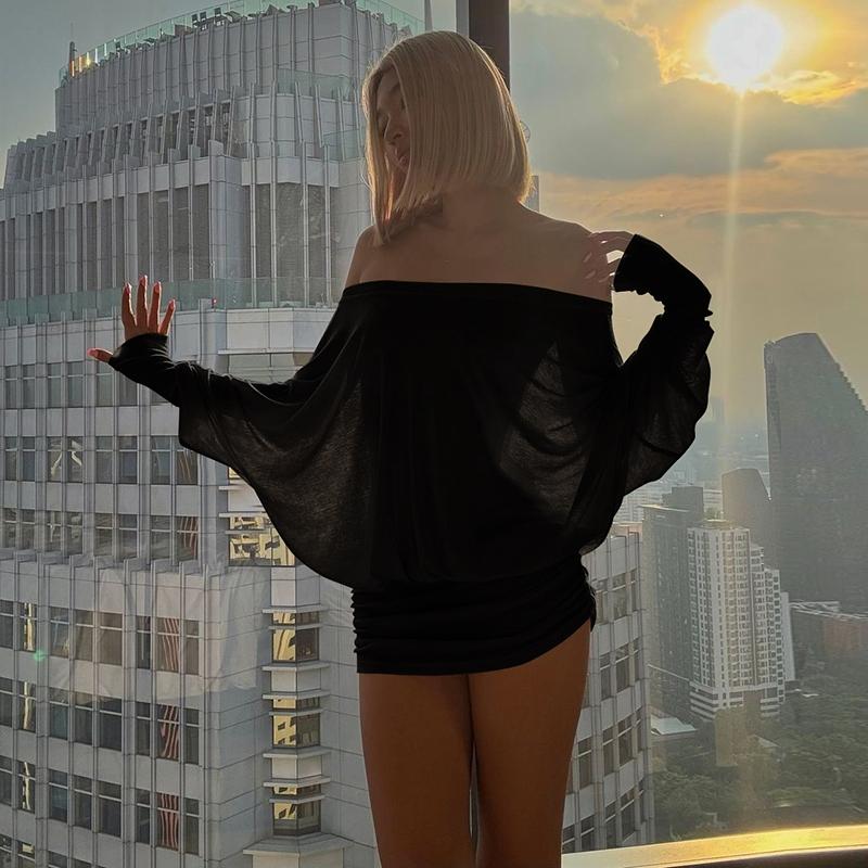 Women's Sheer Ruched Party Dress, Off-The-Shoulder Long Sleeve Women's Mini Dress for Spring & Fall Women's Sheer Ruched Party Dress, Off-The-Shoulder Long Sleeve Women's Mini Dress for Spring & Fall