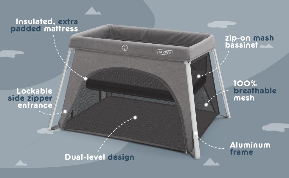 HARPPA Rossi | Lightweight Pack n Play Travel Crib & Playard – Portable Foldable Playpen with Mattress, for Newborns, Infants & Toddlers