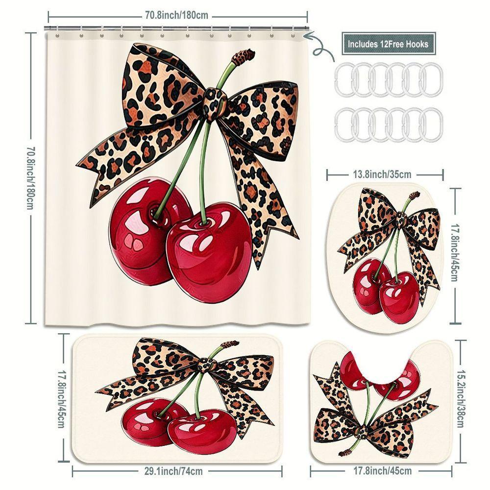 1/4pcs Leopard Print Cherry Bathroom Set with hooks, Beige Shower Curtain Sets with Glossy Red Cherries, Matching Bath Mats & Toilet Cover - Playful Bold Design for Spring Decor, Modern Bathroom Upgrade, Bathroom Supplies