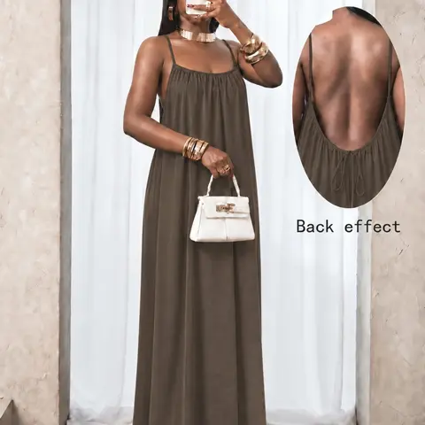 Women's Plain Ruched Pleated Backless Dress, Long Bohemian Style Fitted Sleeveless Party Gown for Spring & Fall, Elegant Casual Design, Perfect for Everyday Wear, Elegance, Vibe