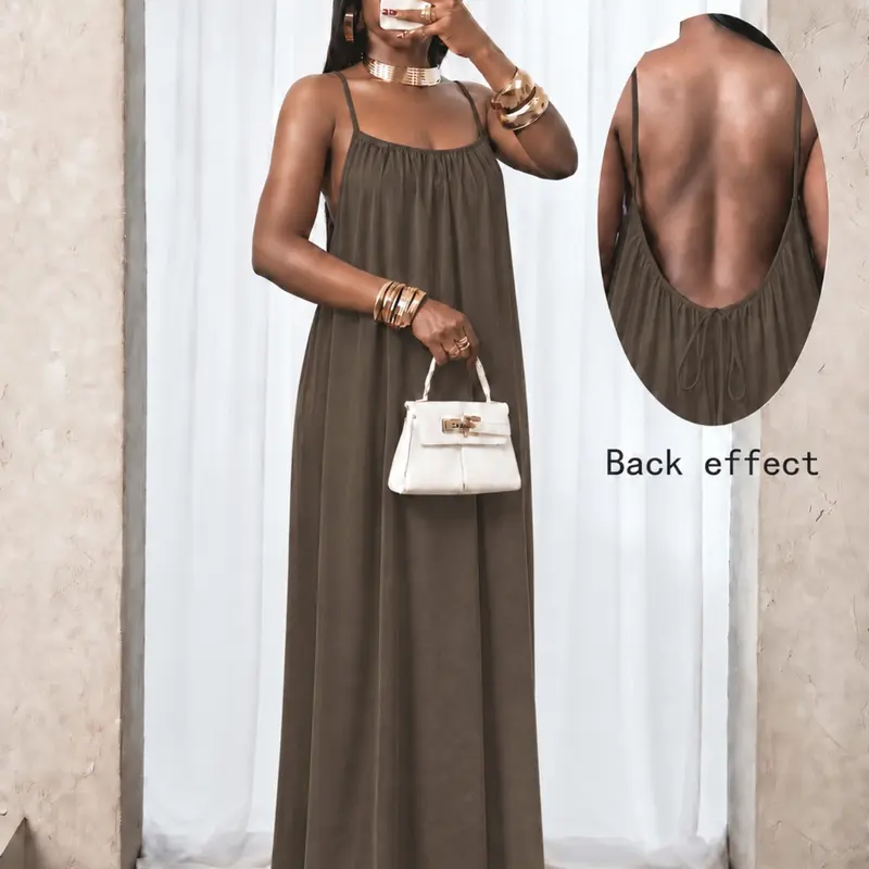 Women's Plain Ruched Pleated Backless Dress, Long Bohemian Style Fitted Sleeveless Party Gown for Spring & Fall, Elegant Casual Design, Perfect for Everyday Wear, Elegance, Vibe