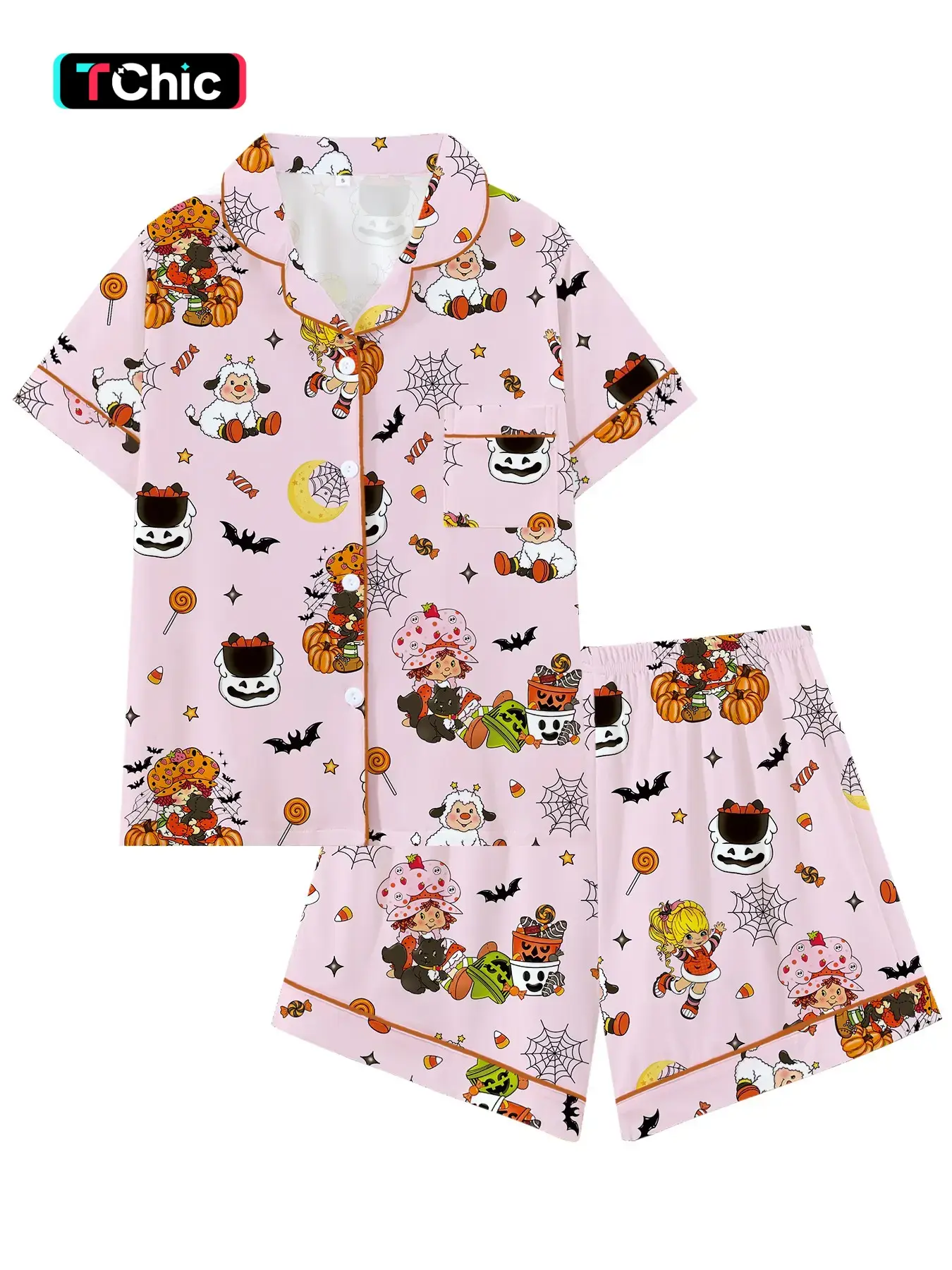 Halloween Cute Strawberry Girl Rainbow Cartoon Pajama Set, Loose-Fitting Short Sleeve Cartoon Print Sleepwear, Comfortable for All Seasons, Party Style