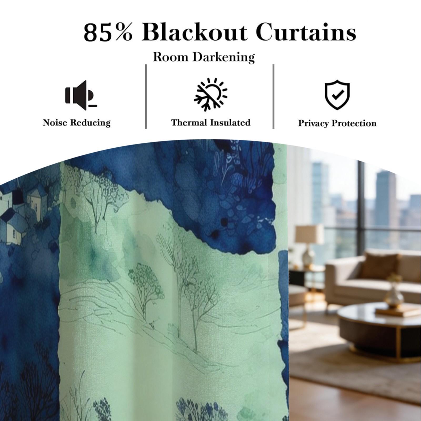 2 Panels Watercolor Landscape Checkered Curtains, HD Digital Printed Blackout Curtains, 85% Light Blocking Rate, Dustproof Decorative Curtains for Bedroom and Living Room
