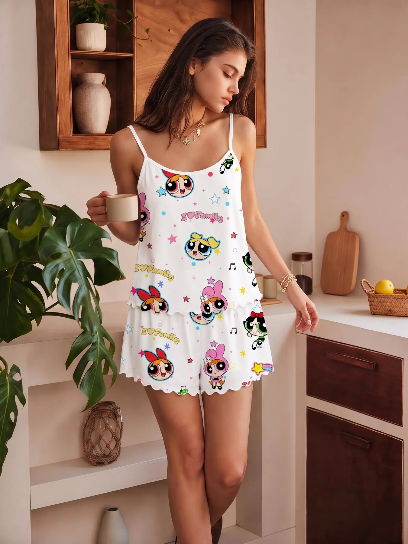 Women's Sleeveless Pajama Set, Cute Police Officer Print, Casual Comfortable Home Wear, Ideal for Daily Use and Relaxing Nights