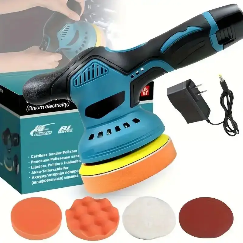 Wireless car polisher, mini orbital polishing kit, includes 2 rechargeable 12V batteries, with a speed range of 2800-5500 RPM, capable of repairing scratches, and comes with 4 detail polishing pads, suitable for DIY enthusiasts