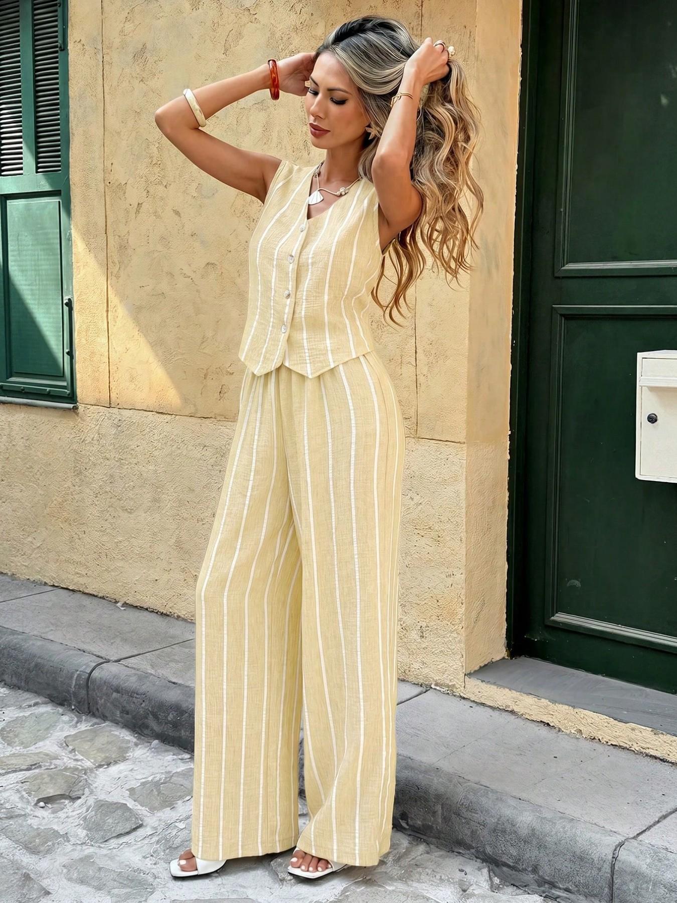 Two-Piece Set | Striped Vest and Wide-Leg Pants | Vintage Casual Chic Vibe | Wrinkle-Resistant No Iron | Comfortable and Stylish Outfit