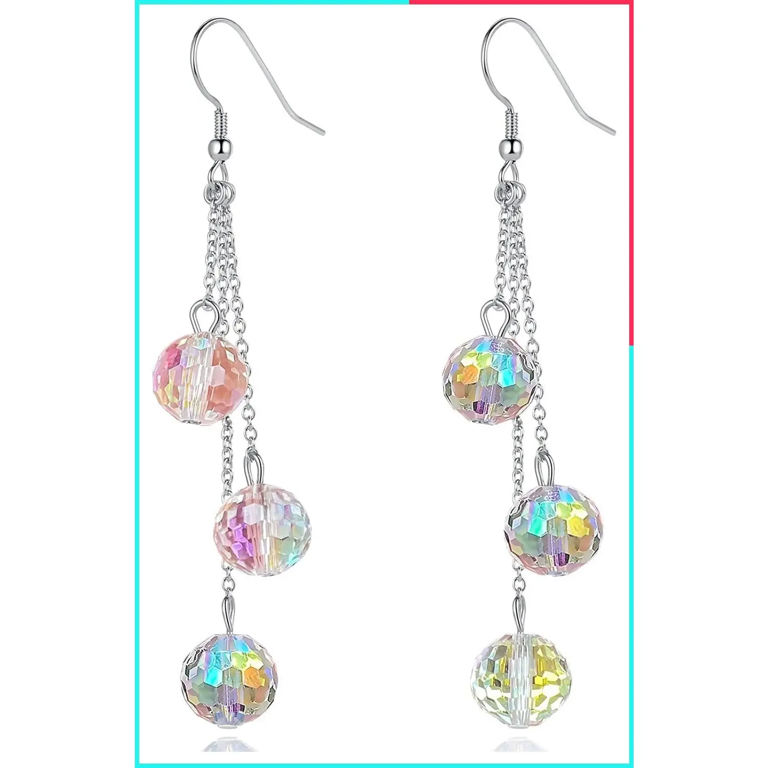 Sparkly Disco Ball Drop Dangle Earrings for Women, Glass Crystal Glitter Ball Beads, 925 Sterling Silver Hooks, Party Prom Jewelry