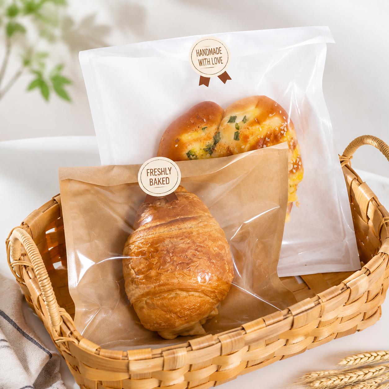 Eco-Friendly Kraft Paper Food Packaging Bags – Grease-Resistant, Transparent Triangular Design for Croissants, Toast, Sandwiches, and Bakery Items – Sustainable, Compostable, Food-Safe Carryout Solution