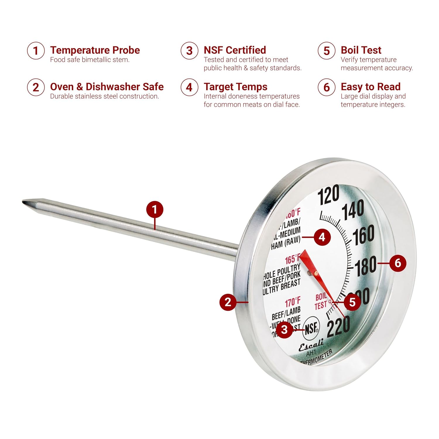 Stainless Steel Oven Safe Meat Thermometer, Extra Large 2.5-inches Dial, Temperature Labeled for Beef, Poultry, Pork, and Veal, Kitchen Cooking Accessories, Kitchen Tools