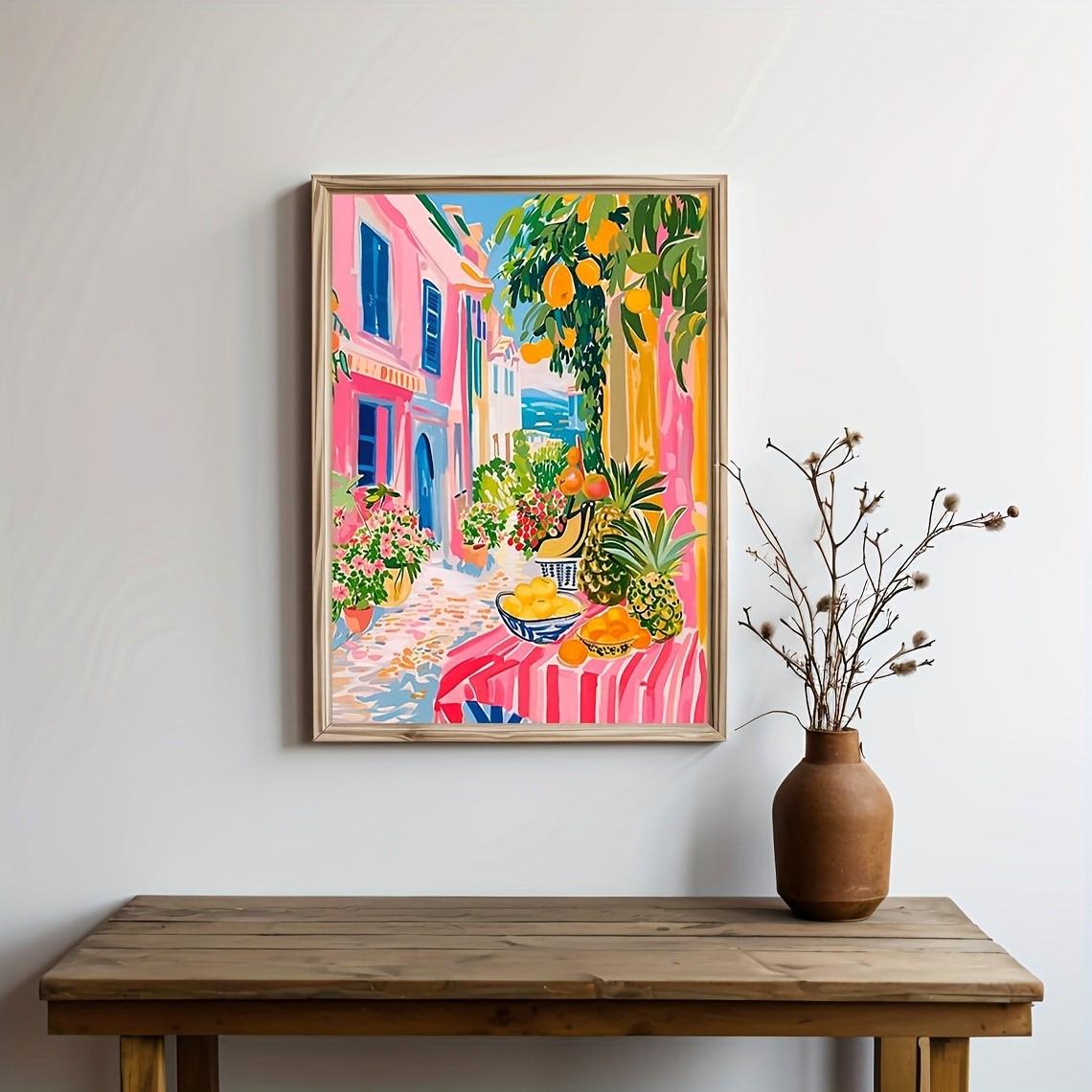 1pc Colorful Mediterranean Town Fruit Street Poster, Unframed Bright Summer Seaside Village Landscape Wall Print, Tropical Fruit & Pastel Building Wall Art, Decor Picture for Living Room, Bedroom, Home Wall Decor, No Frame