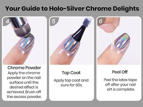 Beetles All-In-One Chrome Nail Powder Kit, Silver Holographic Chrome Nail Powder with 7.5ML Black Color Gel Nail Polish, Base & Top Coat, Peel-Off Latex Tape & Silicone Nail Brush, Chrome Nail Set for DIY Nail Art, Perfect Gift for Women