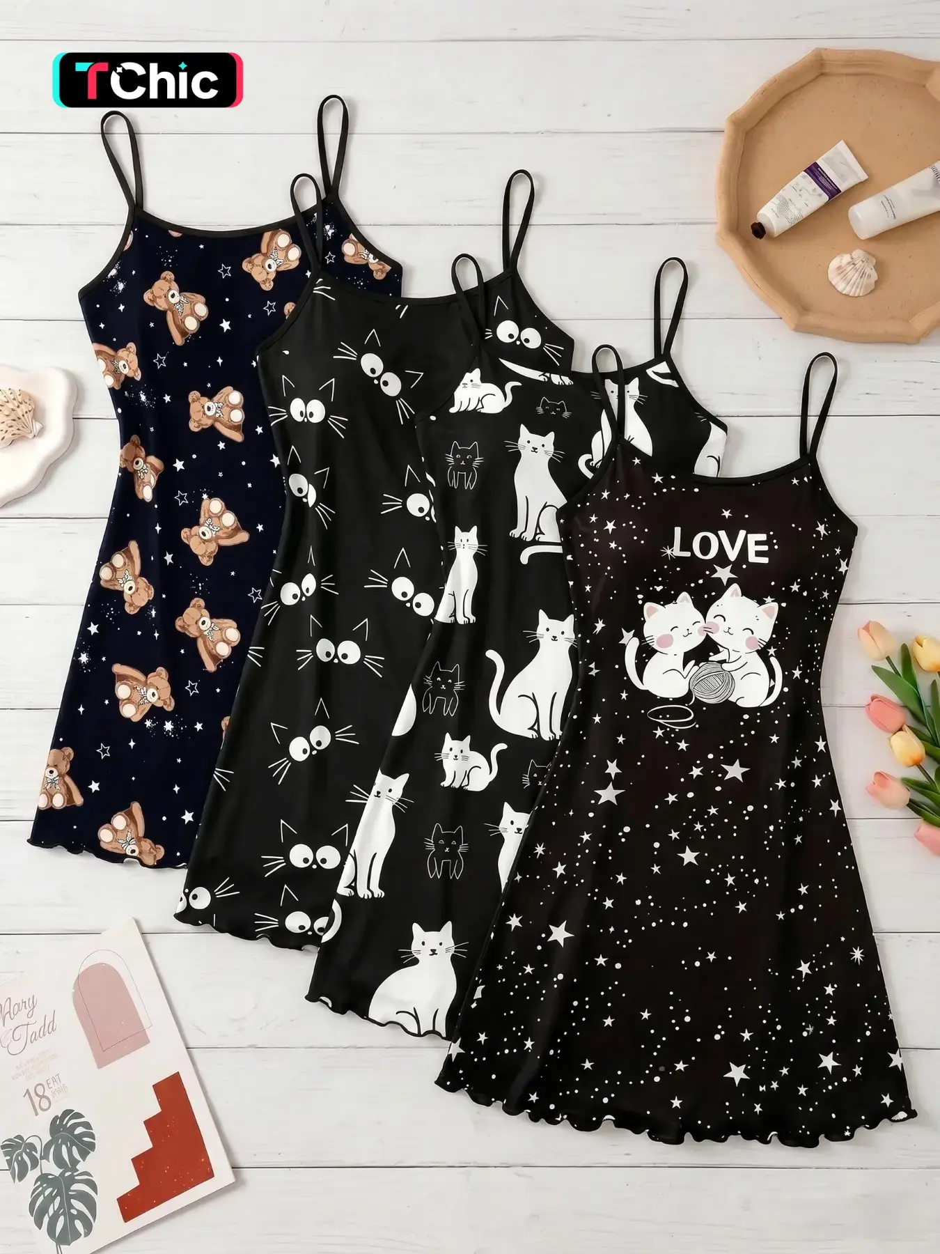 4-Pack Cute Cat Animal Print Nightdresses, Sleeveless Spaghetti Strap Slim-Fit Sleepwear, Loungewear, Breathable Home Wear, All-Season Casual Style
