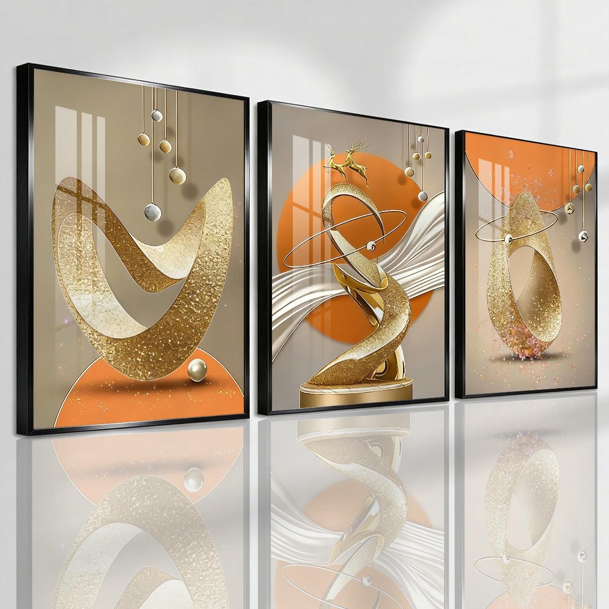 3 Counts Aluminum Alloy Framed Painting, Modern Abstract Golden Sculptural Art Pictures, Home Decoration For Living Room, Bedroom, Office, Restaurant, Hallway Wall Decor, Odorless Print Artwork, Luxury Perfect Gift For Friends And Family