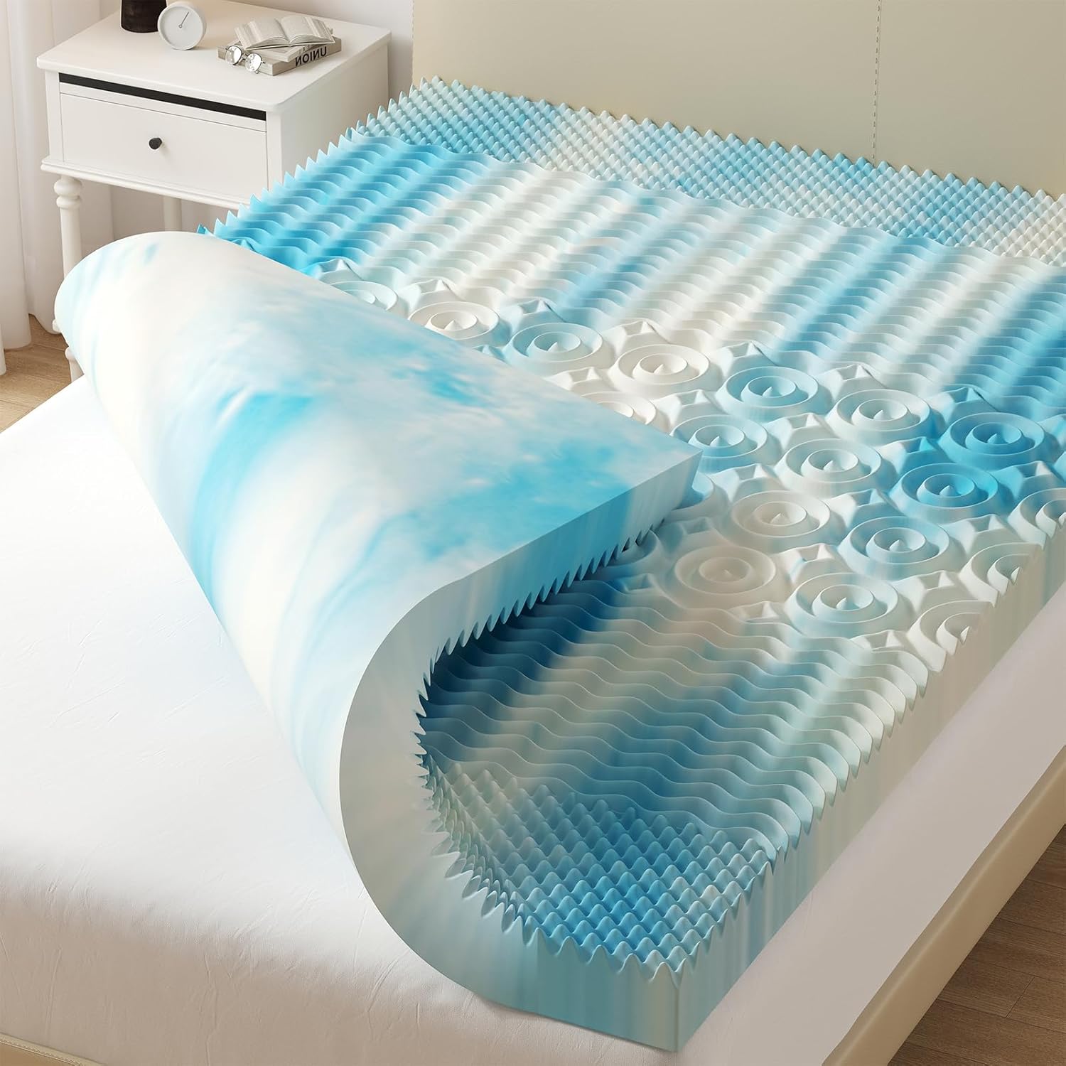 Cooling Gel Memory Foam Mattress Topper, Pressure Relieving 7-Zone Convoluted Design for Back Pain Relief, Breathable Ventilated Foam with Gradient Blue Color, Soft Supportive Mattress Pad for Better Sleep