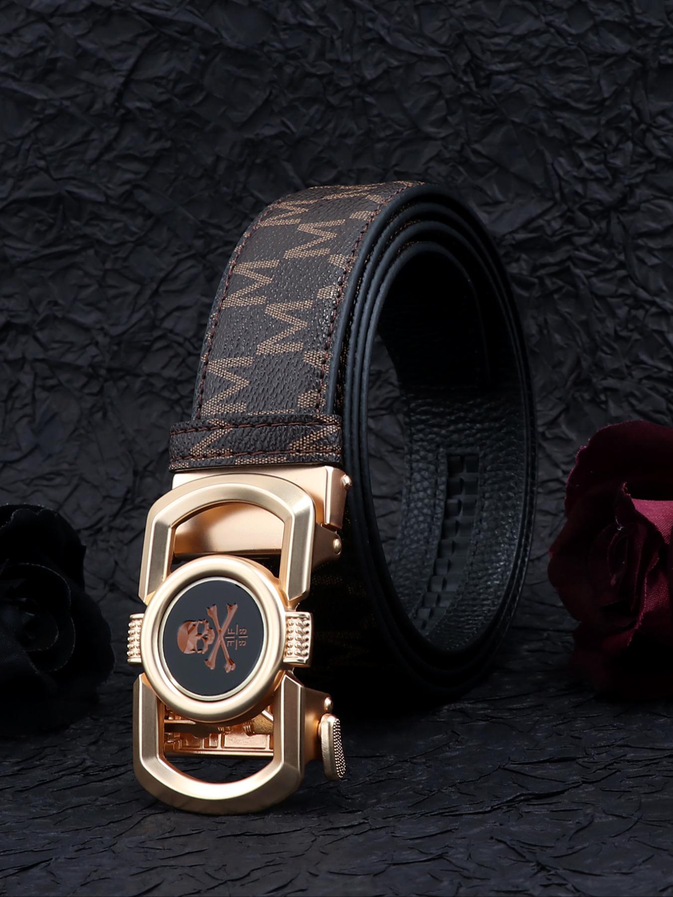 New Trendy Skull Head Automatic Buckle Belt, M Letter Printed Waistband, Men's Fashion Versatile Casual Punk Pants Belt