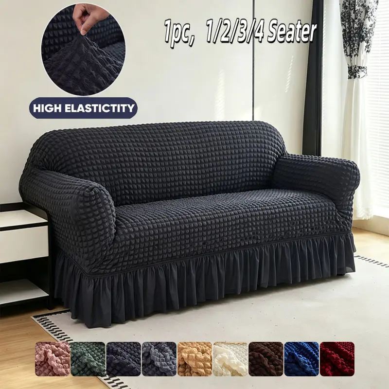 Universal Elastic Sofa Cover with Ruffled Hem, Stretchable Sofa Cover, Washable Non-Slip Furniture Protector, Pet-Friendly, Easy Install, Reusable Dustproof Couch Slipcover