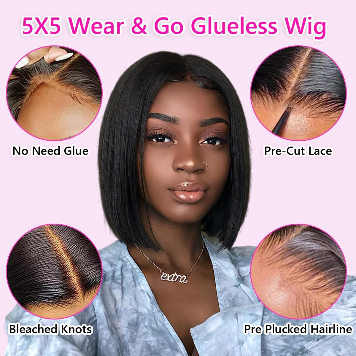 【Clearance BIG Sale】Bob Wigs Human Hair Glueless Wear and Go 4x4 or 5x5 HD Lace Closure Wig Short Bob Glueless Wig Human Hair Pre Plucked Pre Cut Black Bleached Ready to Wear 180% Density for Women