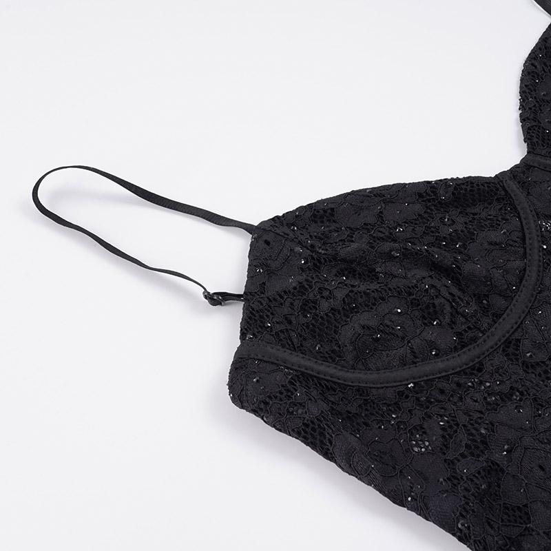 Sexy Series Chest Lace Hollow Splicing Satin Bottom Thin Strap Dress European and American Style Women's Tight Party Bag Short Outfits Music Festival Dressing