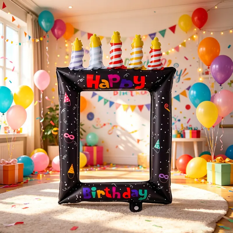 A set of black candle birthday photo frame, birthday cake and balloons, for birthday party decoration, Party Photo Prop and festive balloon arrangement
