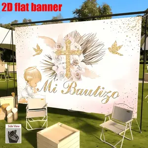 Baptism Party Banner, Polyester Fabric, Cross, Flowers, Angel Design, First Communion Decor, Baby Shower, Birthday, Wedding