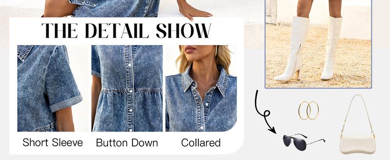 FMEYOA Womens Summer Denim Dress Button Down Short Sleeve Babydoll Dress Puff Sleeve Flowy Jean Dress