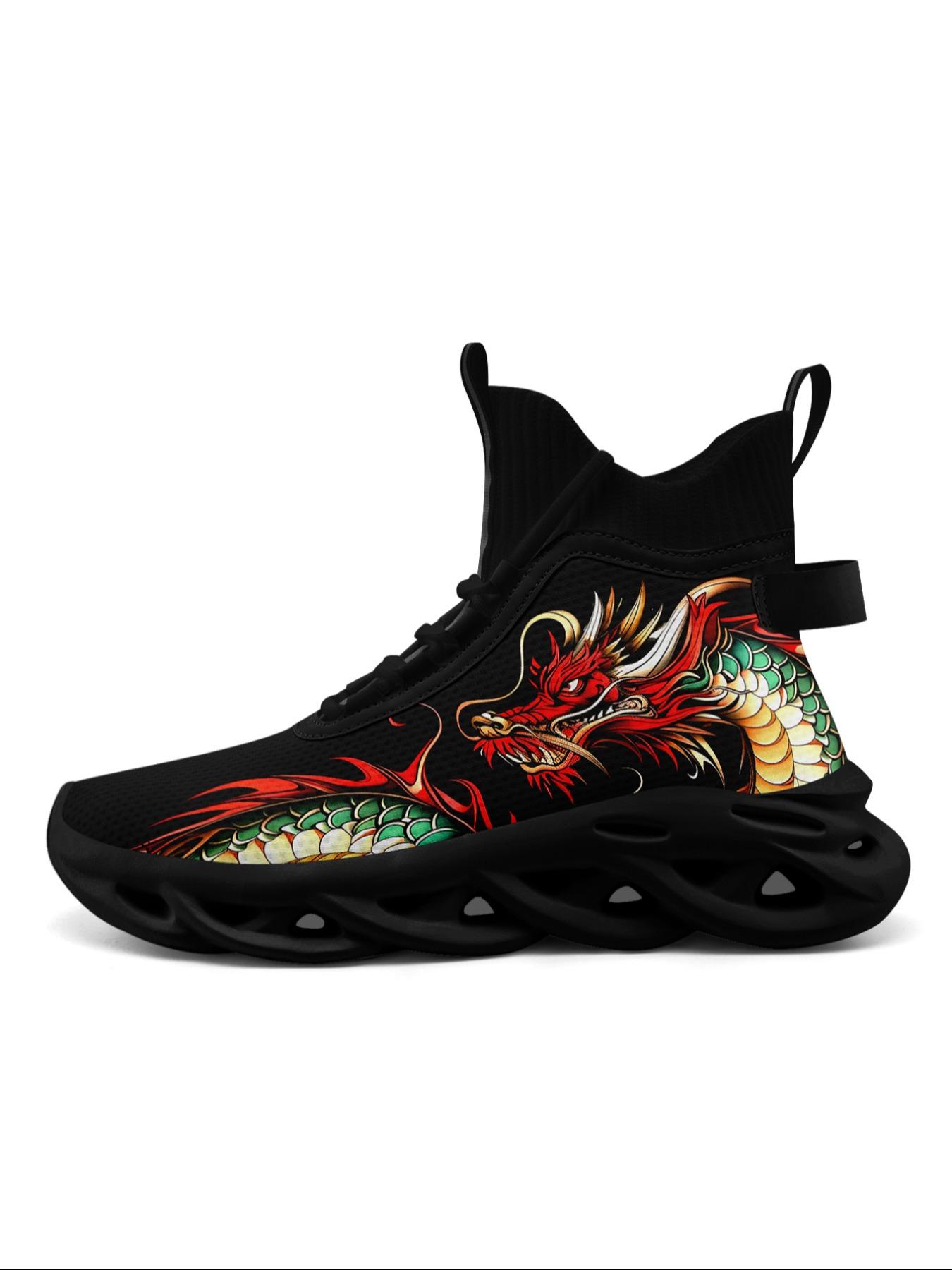 Men's Dragon Print Lace Up High Top Sneakers, Casual Sporty Breathable Comfortable Blade Soles Running Shoes, Male  Round Toe Sports Shoes for Daily Wear