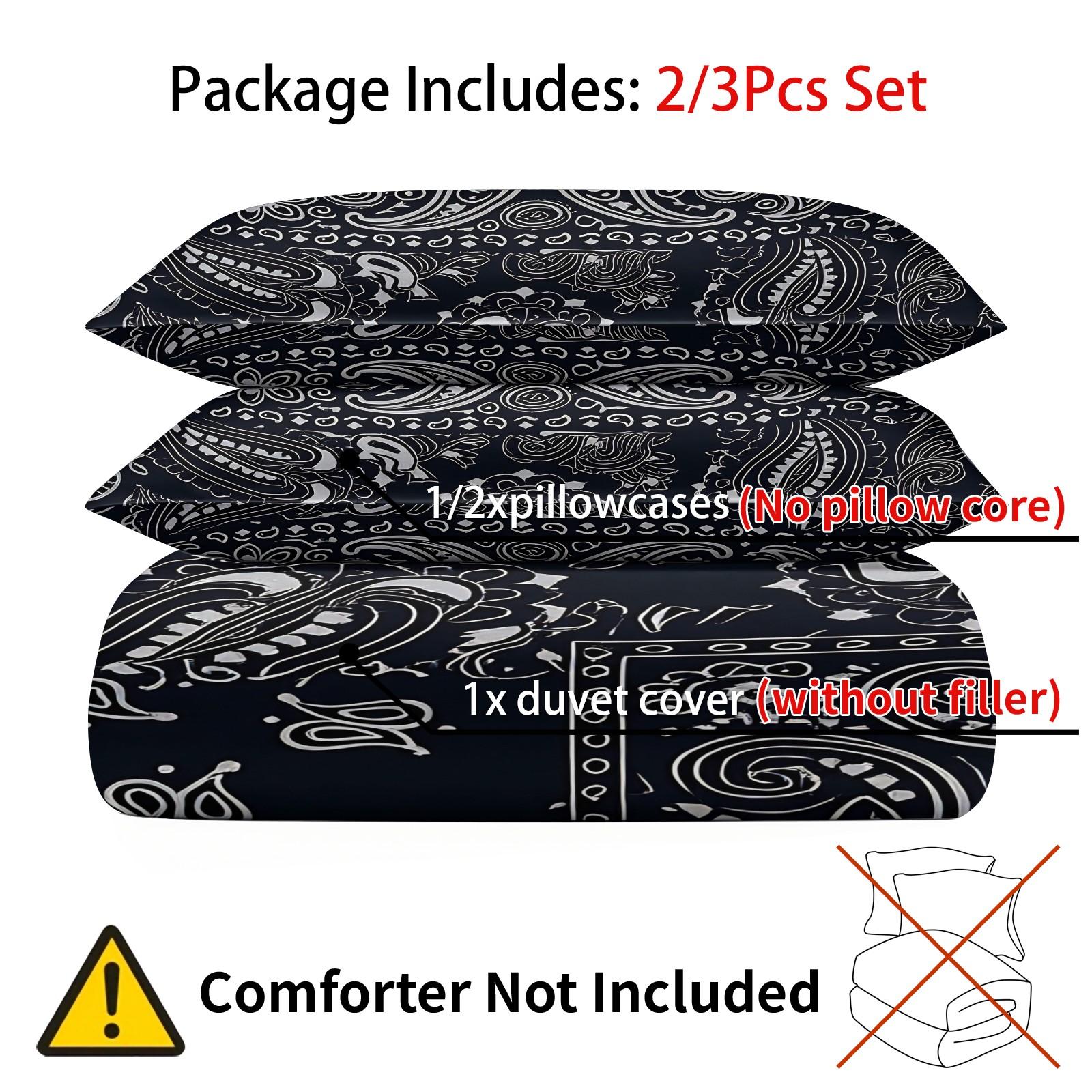 3PCS Navy Blue Bandana Paisley Duvet Cover Set (1 Duvet Cover + 1-2 Pillowcases), Classic White Border Paisley Print, Skin-Friendly Soft Comfy All Seasons Summer Bedding Set, Perfect for Streetwear Bedroom & Hip Hop Style Lovers