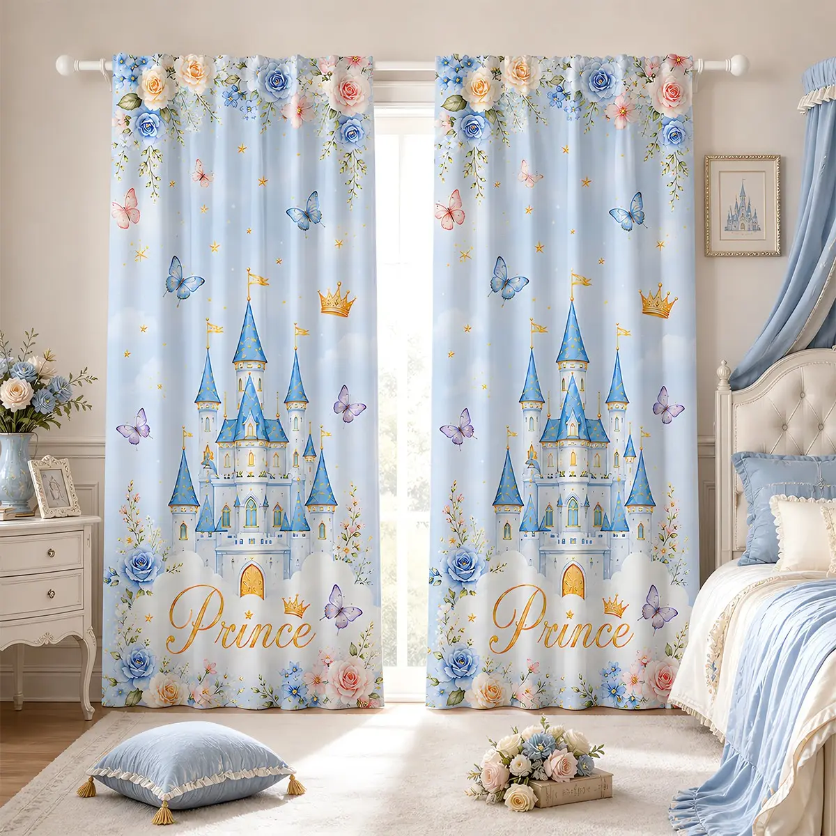 2pcs Blue Prince Castle Semi-Blackout Blinds Window Sun Blocker: Featuring a blue rose, butterfly, crown, cloud, prince, and castle print, these blinds have a pocket rod installation and are suitable for living rooms, bedrooms, etc.
