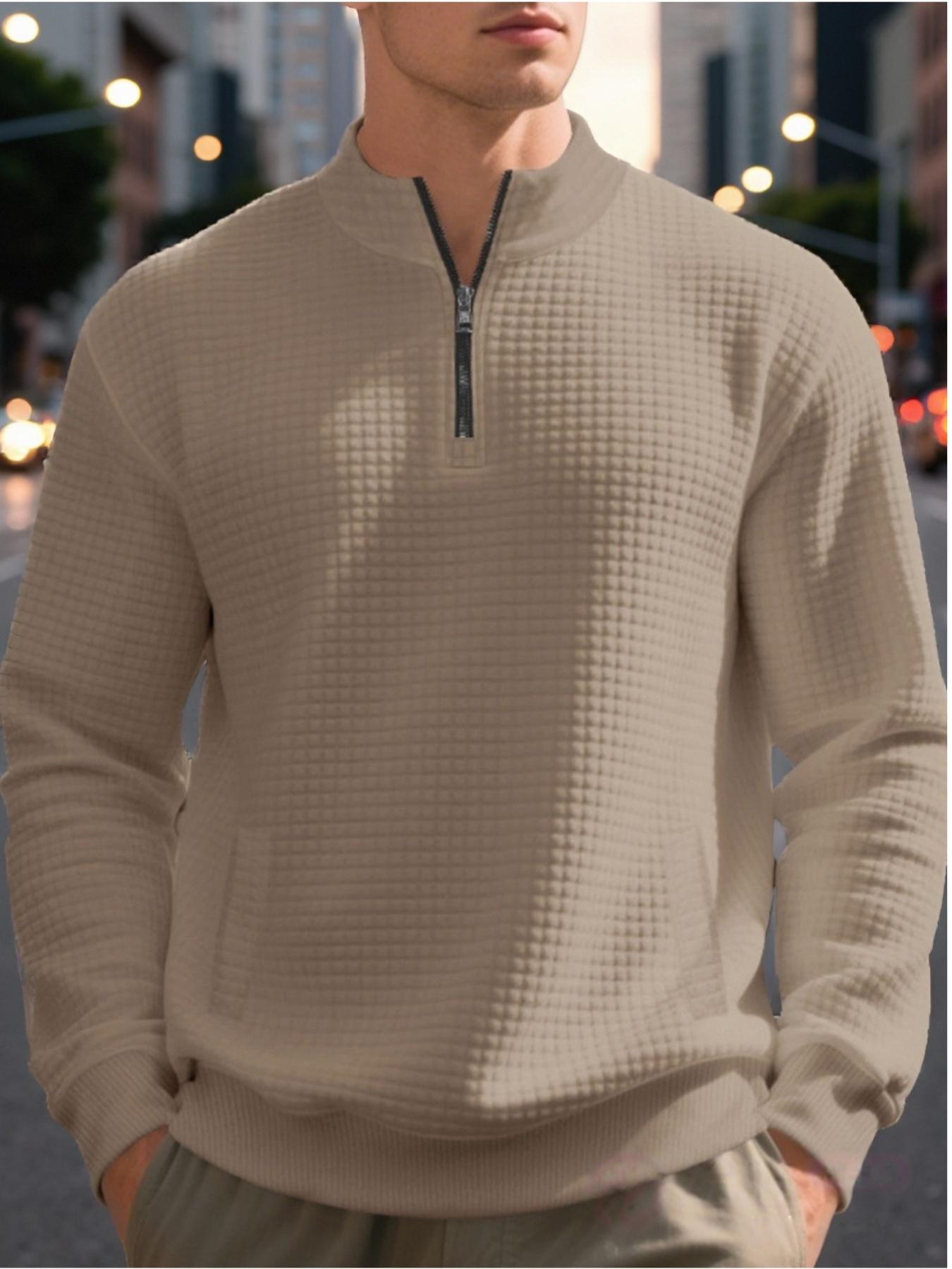 Heavyweight small checkered simple and casual men's loose stand-up collar semi-high collar quarter zipper long-sleeved base layer sweatshirt, warm and soft fabric, suitable for daily casual and outdoor sports occasions,gifts for him boyfriend christmas