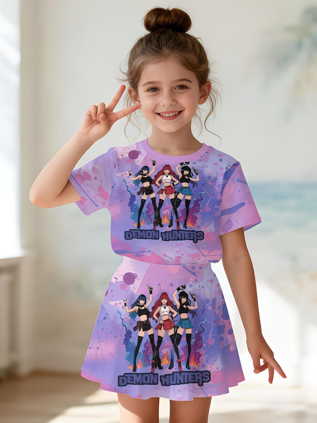 Girls' 3D Cartoon Print Top and Skirt Set, Casual Slim-Fit Summer, Round Neck Short Sleeve, Daily Wear for Kids