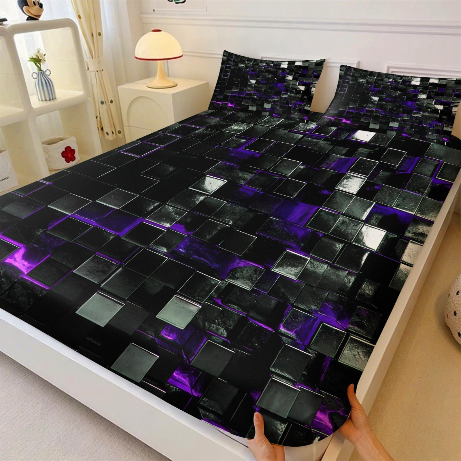 Deep Sea Neon Cube 3D Visual Fitted Sheet Set & 2 Pillowcases No Core, Blue Metallic or Glass Reflective Textures Square Matrix Blocks Design, Soft Wrinkle-Resistant, Futuristic Bedroom Decor, Gift Choice