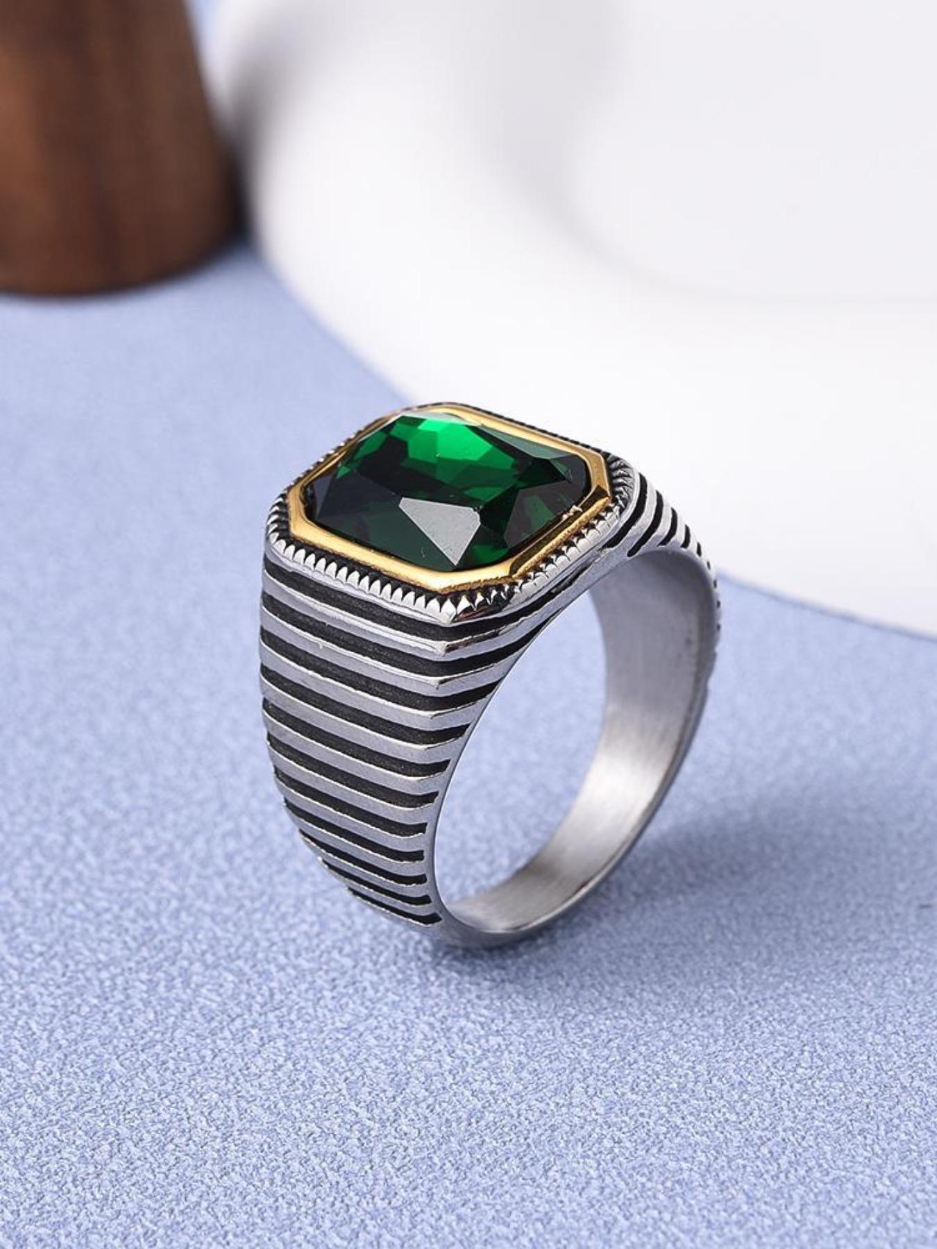 Men's Luxury Gemstone Ring, 18K Gold Plated Stainless Steel, Red Corundum Square Diamond with Strong Design Sense