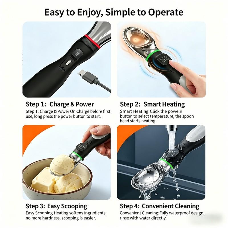 Rechargeable Electric Ice Cream Scoop, 2 Ounces Stainless Steel, LED Display, Ambient Light, Durable Hard Ice Cream Scoop