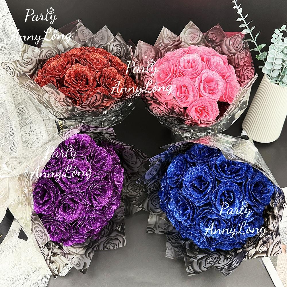 Sparkling Rose Bouquet, No Assembly Required, Valentine's Day Wedding Anniversary Engagement Eternal Artificial Roses, Birthday Gift, Vibrant Faux Flowers