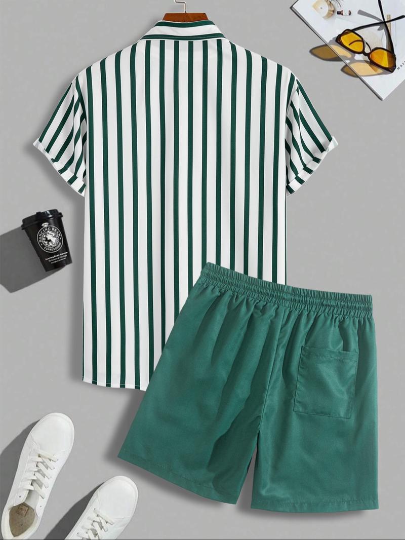 Men's Colorblock Striped Print Button Front Shirt & Shorts Set, Casual Short Sleeve Collared Top & Shorts, Men's Summer Clothes for Beach Vacation