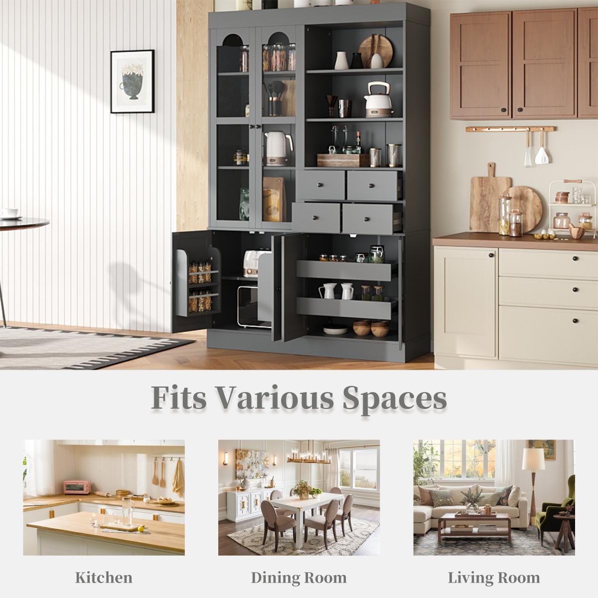[Assembly Video Provided]  47.2x15.7x75inch Freestanding Buffet with Hutch, Tall Kitchen Pantry Cabinet with 4 Drawers, Door Shelves and Pull-out Trays for Dining room, Living Room, Gray