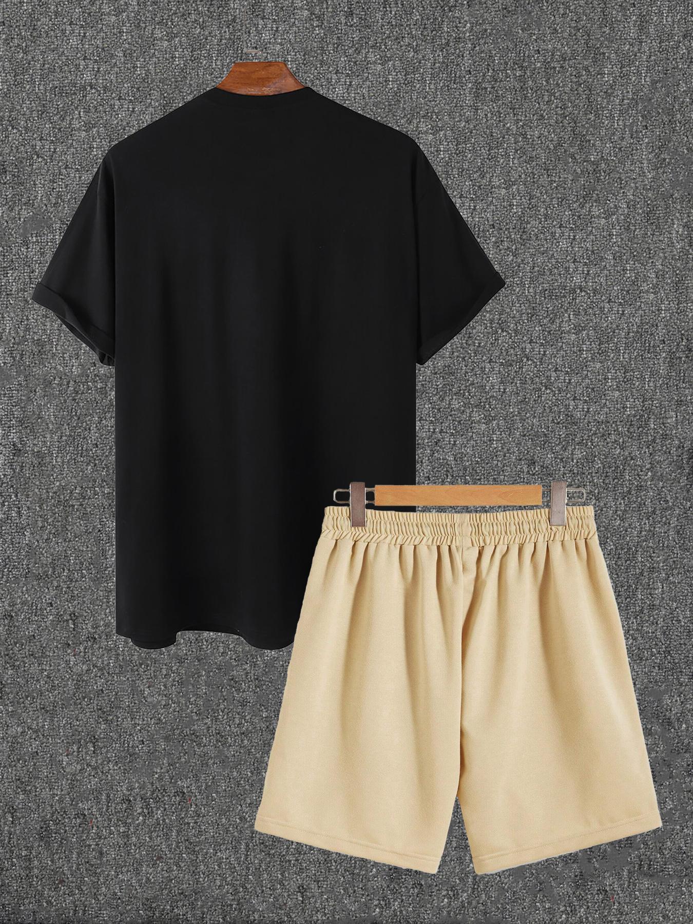 Two-piece Set Men's Flag Graphic Fitted Sleep Tee & Letter Print Elastic Drawstring Pocket Shorts Pajama Set, Comfy Men's Sleepwear & Loungewear Set for All Seasons