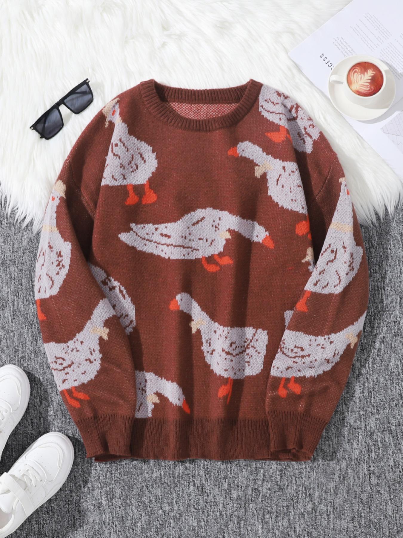 Unisex Men's Cartoon Duck Print Drop Shoulder Sweater, Fashion Round Neck Long Sleeve Jumper, Men Clothing for Daily Wear, Knitwear