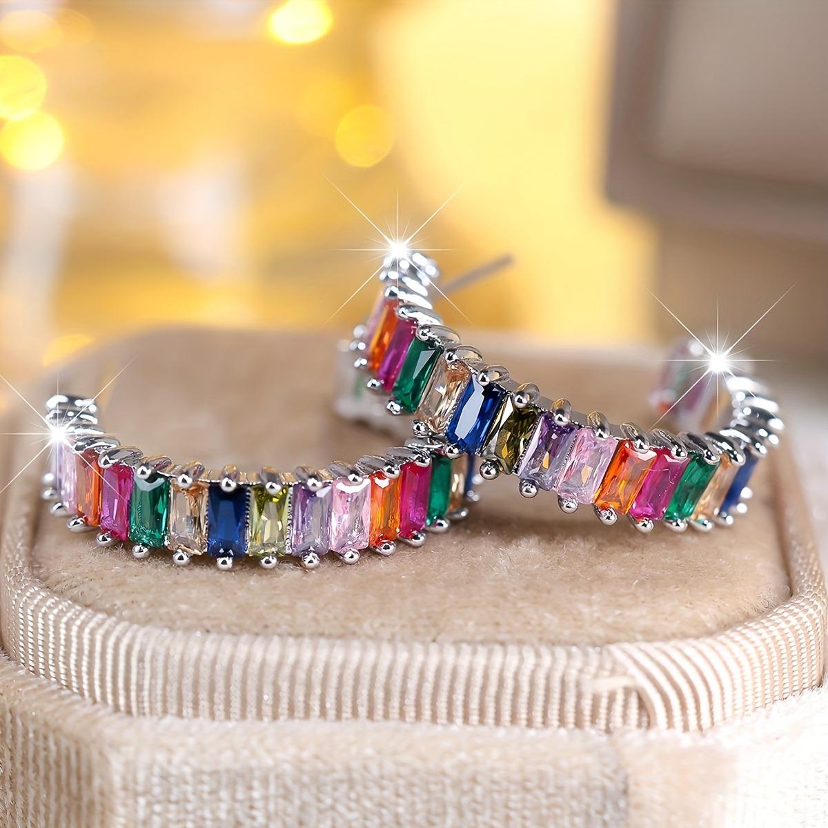 Women's Silvery-Plated Multicolored Rainbow Cubic Zirconia Baguette Cut Open Hooped Half Hoop Earrings, Lightweight Female Everyday Wear Costume Jewelry