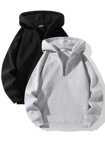 Men's Half-Zip Fleece Hoodie, Casual Long Sleeve Drop Shoulder Sweater, Thick Fabric for Fall & Winter, Sporty Fashion Pullover